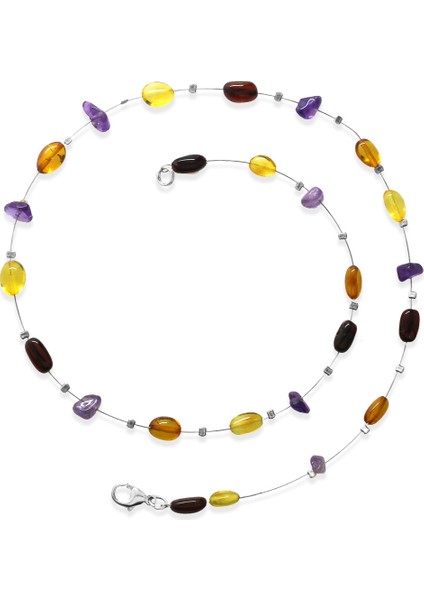 Ametist Taş Süslemeli 925 Ayar Gümüş Papağan Mekanizmalı Çok Renkli Doğal Damla Kehribar Kadın Kolye