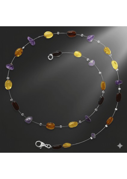 Ametist Taş Süslemeli 925 Ayar Gümüş Papağan Mekanizmalı Çok Renkli Doğal Damla Kehribar Kadın Kolye indirimleri