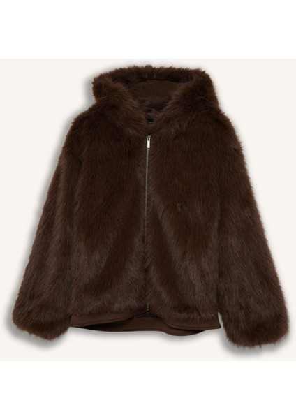 Regular Fit Kapüşonlu Fermuarlı Suni Kürk Mont F5570AX25WN