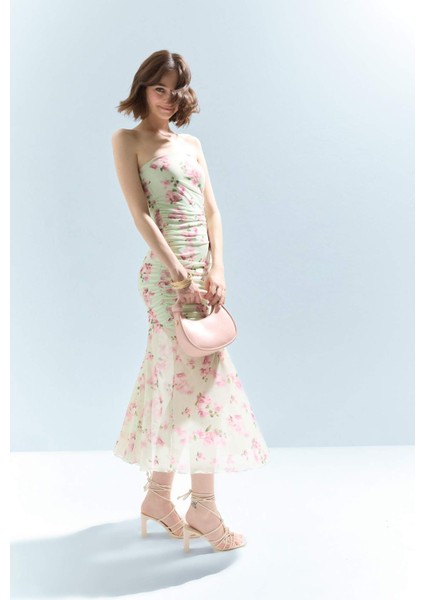 Bodycon Vücudu Saran Straplez Çiçek Desenli Tül Maxi Elbise F5577AX25SM