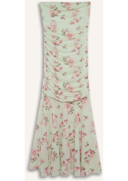 Bodycon Vücudu Saran Straplez Çiçek Desenli Tül Maxi Elbise F5577AX25SM