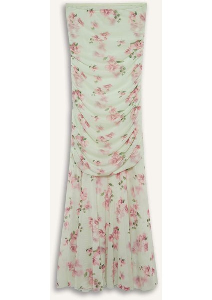 Bodycon Vücudu Saran Straplez Çiçek Desenli Tül Maxi Elbise F5577AX25SM