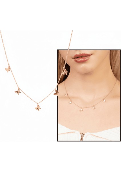 Kelebek Detaylı Rose Renk 925 Ayar Gümüş Kadın Şans Kolyesi fiyatları