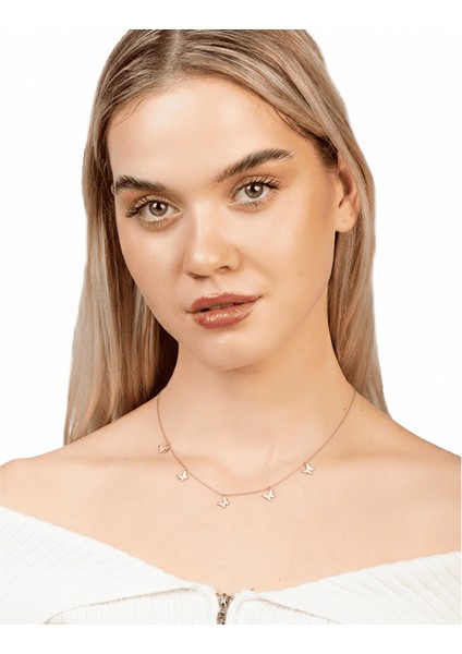 Kelebek Detaylı Rose Renk 925 Ayar Gümüş Kadın Şans Kolyesi modelleri