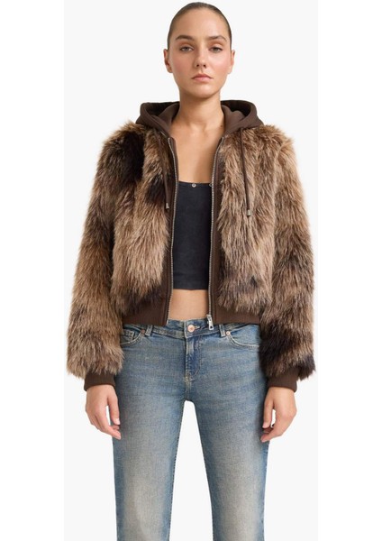 Regular Fit Kapüşonlu Fermuarlı Suni Kürk Mont F5572AX25WN