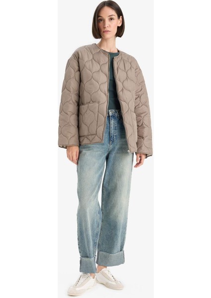 Su Geçirmez Regular Fit Bisiklet Yaka Fermuarlı Kapitoneli Mont F4569AX25WN