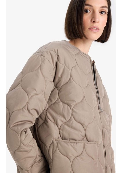 Su Geçirmez Regular Fit Bisiklet Yaka Fermuarlı Kapitoneli Mont F4569AX25WN