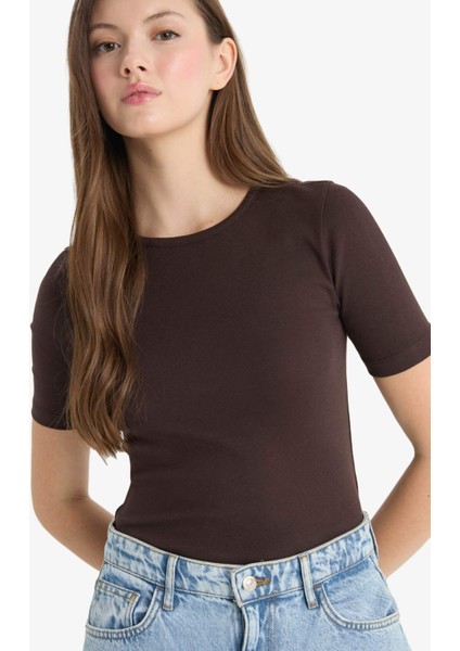 Fitted Bisiklet Yaka Basic Düz Ribana Kısa Kollu Beyaz Tişört F5194AX25SM