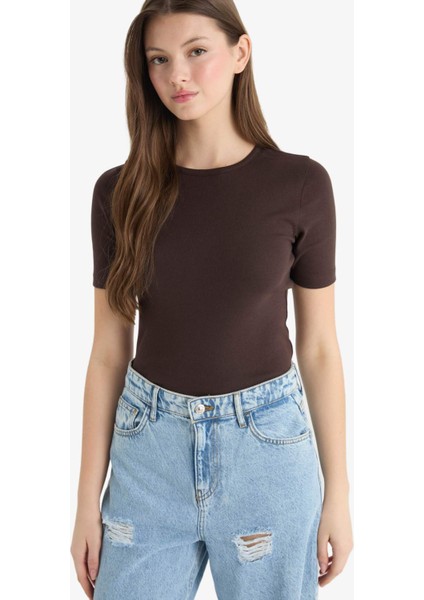 Fitted Bisiklet Yaka Basic Düz Ribana Kısa Kollu Beyaz Tişört F5194AX25SM