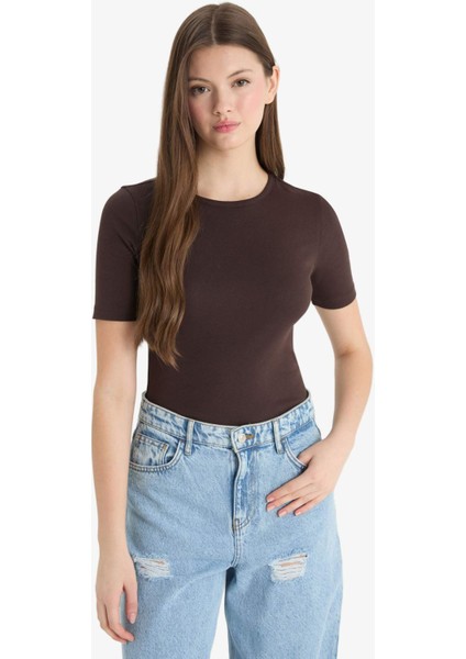 Fitted Bisiklet Yaka Basic Düz Ribana Kısa Kollu Beyaz Tişört F5194AX25SM