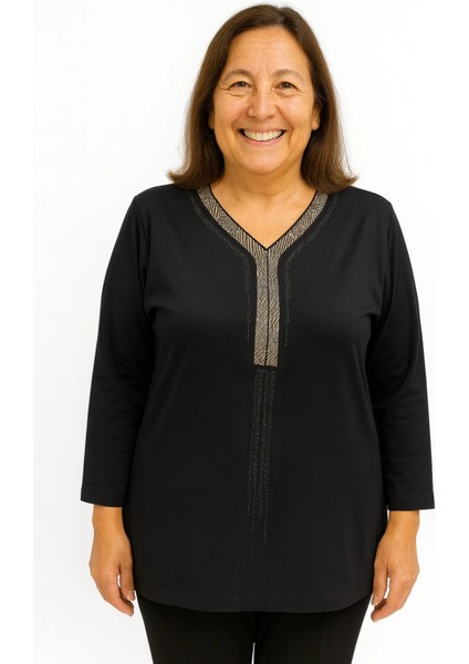 Rahat Kesim V Yaka Siyah Anne Kadın Penye Bluz