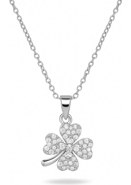 Kadın Çelik Kolye - Yonca Yaprağı Tasarım - Baget Kesim - Beyaz Zirkon Taşlı - Gümüş Renk