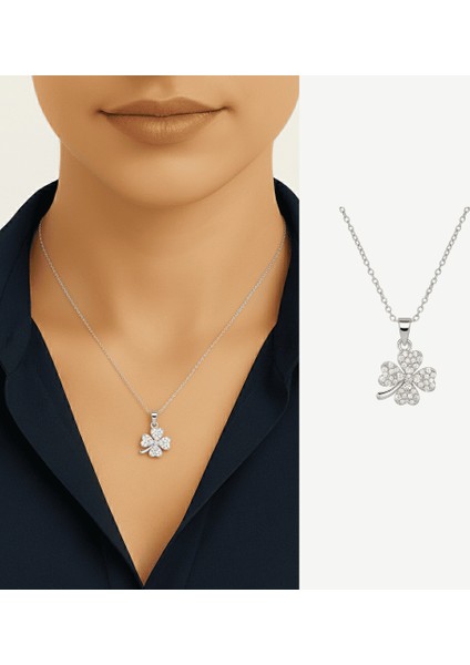 Kadın Çelik Kolye - Yonca Yaprağı Tasarım - Baget Kesim - Beyaz Zirkon Taşlı - Gümüş Renk fiyatları