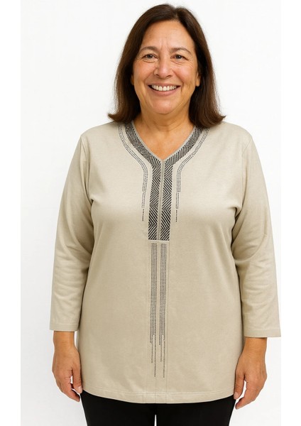 Rahat Kesim V Yaka Krem Anne Kadın Penye Bluz