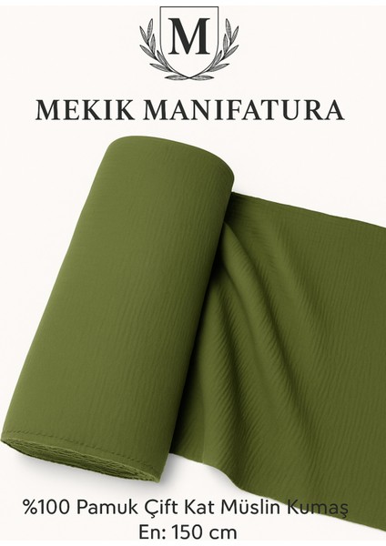 %100 Pamuk Çift Kat Haki Yeşil Müslin Kumaş