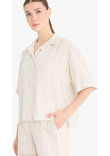 Loose Fit Çizgili Keten Karışımlı Kısa Kollu Gömlek
