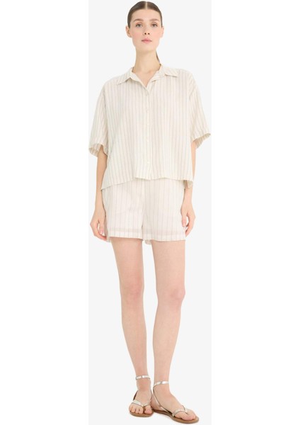 Loose Fit Çizgili Keten Karışımlı Kısa Kollu Gömlek