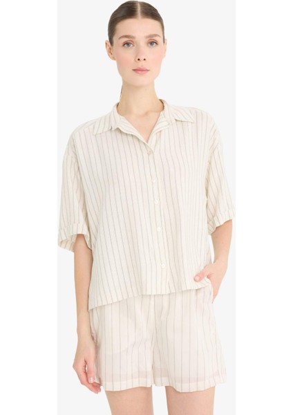 Loose Fit Çizgili Keten Karışımlı Kısa Kollu Gömlek