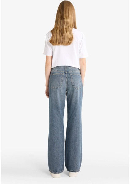 Straight Wide Yüksek Bel Uzun Jean Yıkamalı Pantolon