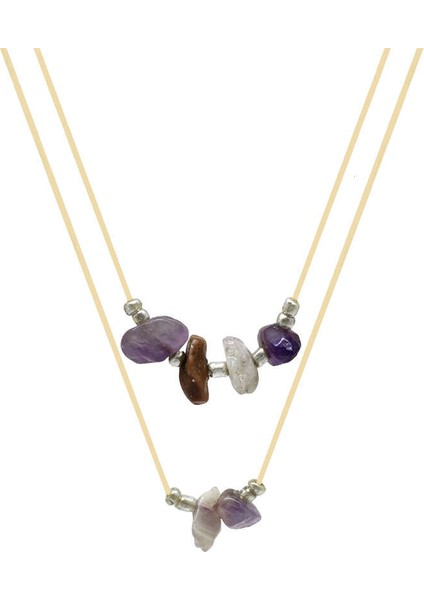 Zarif Ip Zincirli Doğal Form Çoklu Doğaltaş Kombinasyonlu Kadın Kolye