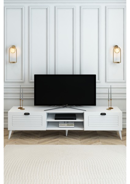 Country Model 150 cm TV Ünitesi – MDF Kapak, Raflı Modern TV Sehpası | Beyaz Renk Televizyon Konsolu