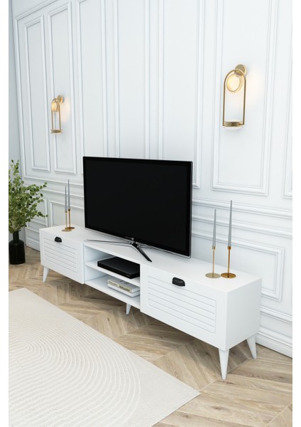 Country Model 150 cm TV Ünitesi – MDF Kapak, Raflı Modern TV Sehpası | Beyaz Renk Televizyon Konsolu modelleri