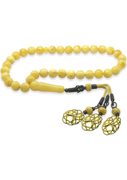 Premium Kutulu Gümüş Kazaz Püsküllü Küre Kesim King Seccer Beyaz Sarı Damla Kehribar Tesbih