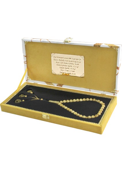 Premium Kutulu Gümüş Kazaz Püsküllü Küre Kesim King Seccer Beyaz Sarı Damla Kehribar Tesbih fiyatları