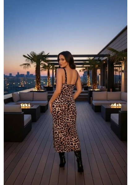 Kadın Dantel Detay Omuz Askılı Leopar Desen Maxi Yırtmaçlı Gloplu Elbise modelleri
