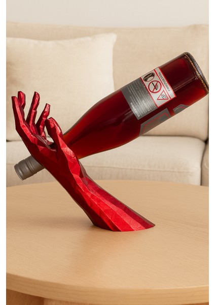 Organik Pla Malzemeden Geometrik Zümrüt Kırmızı El Şeklinde Şarap Şişesi Tutucu