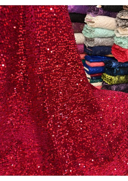 Kırmızı Pullu Kadife Kumaş
