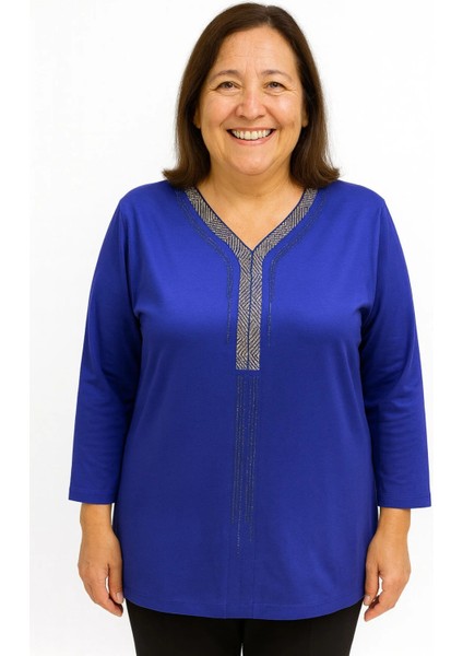 Rahat Kesim V Yaka Mavi Anne Kadın Penye Bluz