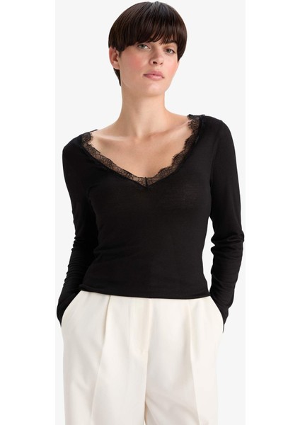 Modal Kaşmir Yumuşak Dokulu Dantelli Uzun Kollu Üst-Fall in Love