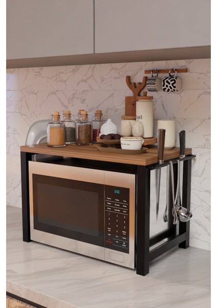 Çok Amaçlı Mikrodalga Fırın Üstü Raf,tepsi ve Kesme Tahtası Bölmeli,bıçak,maşa Askılı,metal Gövdeli Mutfak Rafı