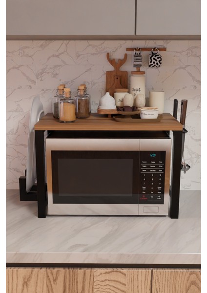 Çok Amaçlı Mikrodalga Fırın Üstü Raf,tepsi ve Kesme Tahtası Bölmeli,bıçak,maşa Askılı,metal Gövdeli Mutfak Rafı