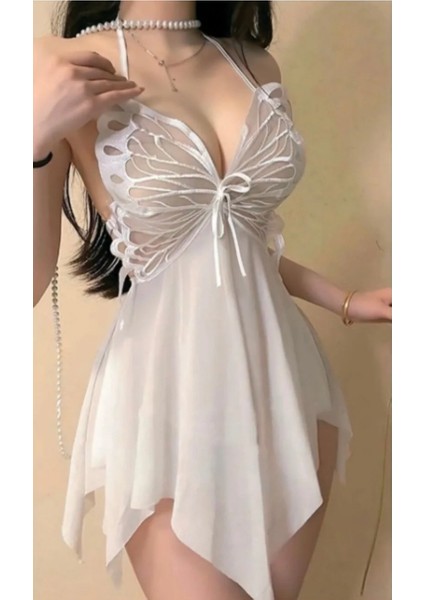 Kelebek Figürlü Tül Gecelik Takımı(Tanga Hediyeli)