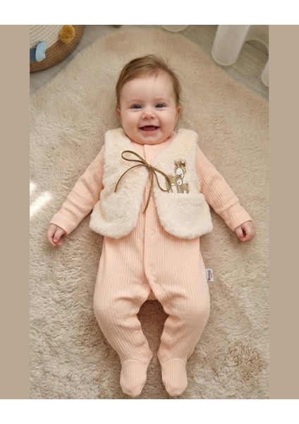 Asliva Bebek Somon Fitilli Tulum ve Geyik Nakışlı Peluş Yelek Takım 2'li Set