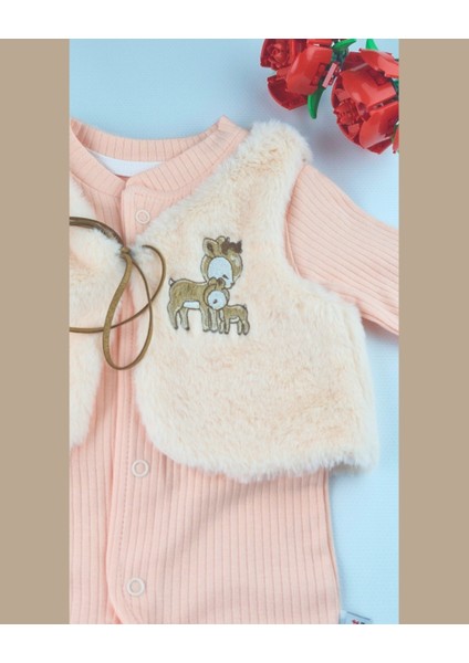 Asliva Bebek Somon Fitilli Tulum ve Geyik Nakışlı Peluş Yelek Takım 2'li Set modelleri