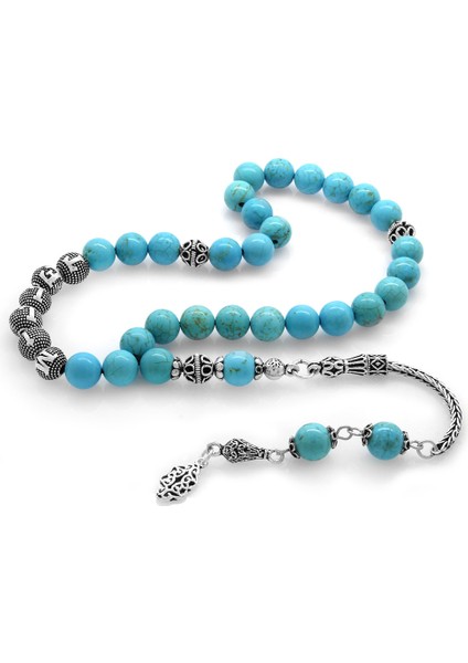 925 Ayar Gümüş Arma Püsküllü Küre Kesim Isim Yazılı Turkuaz Doğaltaş Tesbih