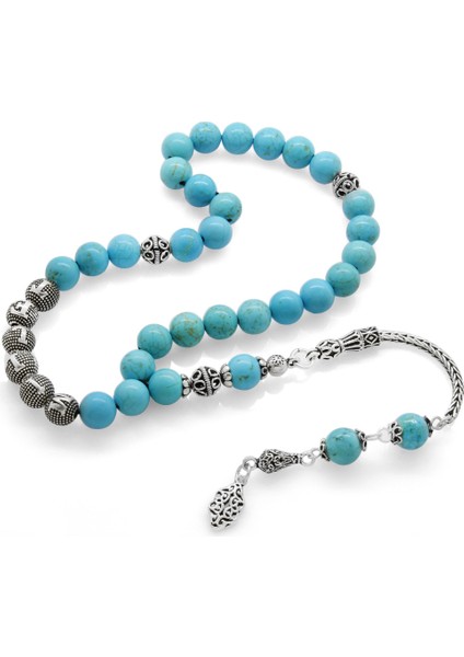 925 Ayar Gümüş Arma Püsküllü Küre Kesim Isim Yazılı Turkuaz Doğaltaş Tesbih fiyatları