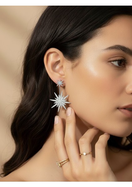 Göz Alıcı Sarkıntılı Yıldız Patlaması Gümüş Tonu Zirkon Küpe modelleri