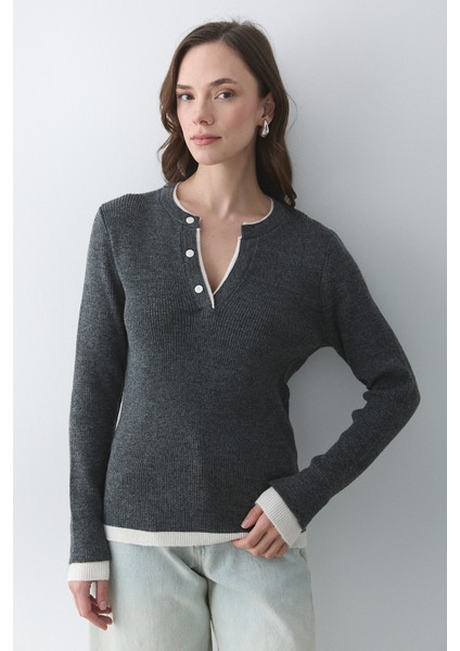 Antrasit - Krem 2 Patlı Düğmeli Kazak - 251023