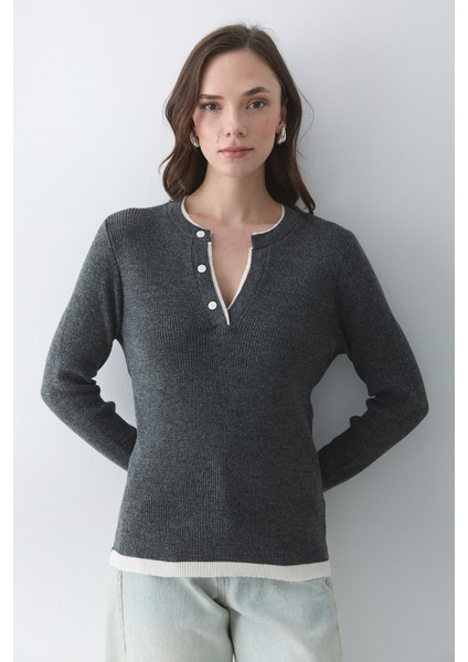 Antrasit - Krem 2 Patlı Düğmeli Kazak - 251023 fiyatları