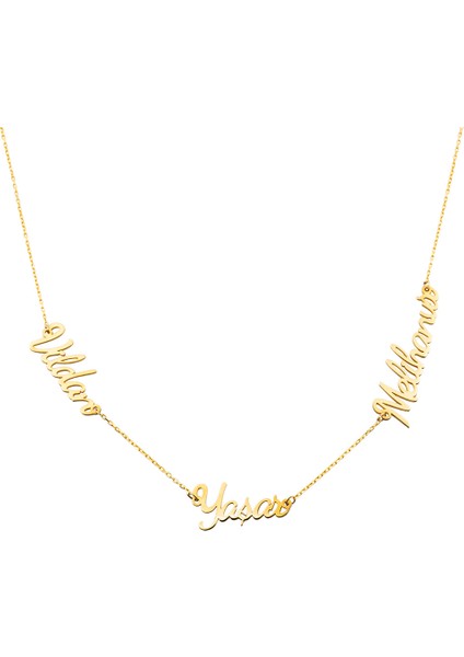 Kişiye Özel Üç Isim Yazılı Altın Renk 925 Ayar Gümüş Bayan Kolye