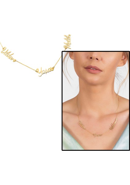 Kişiye Özel Üç Isim Yazılı Altın Renk 925 Ayar Gümüş Bayan Kolye fiyatları