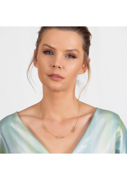 Kişiye Özel Üç Isim Yazılı Altın Renk 925 Ayar Gümüş Bayan Kolye modelleri