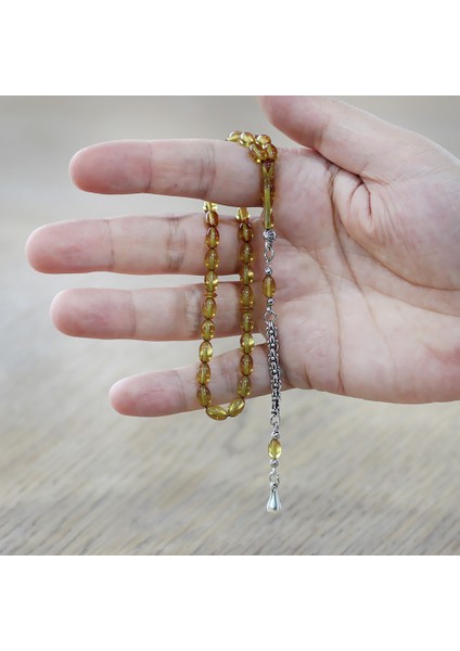 Kararmaz Metal Arnavut Zincir Su Damlası Püsküllü Arpa Kesim Sarı Mini Boy Ateş Kehribar Tesbih fiyatları