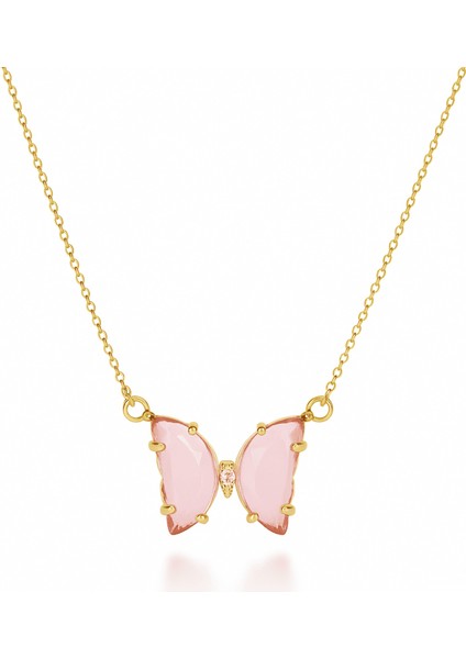Kadın Çelik Kolye - Kelebek Tasarım - Pembe Zirkon Taşlı - Altın Renk