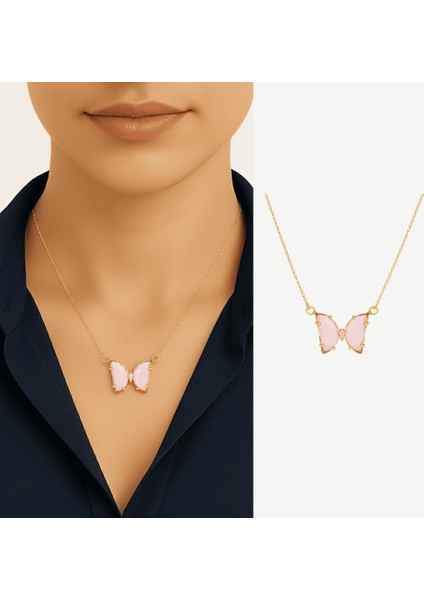 Kadın Çelik Kolye - Kelebek Tasarım - Pembe Zirkon Taşlı - Altın Renk fiyatları