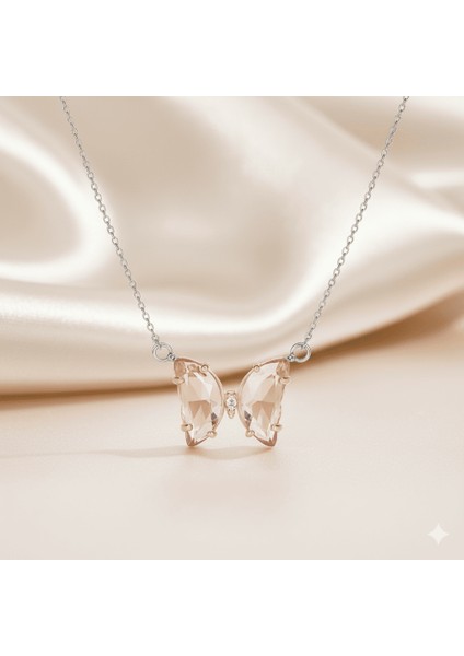 Kadın Çelik Kolye - Kelebek Tasarım - Pembe Zirkon Taşlı - Altın Renk fırsatları